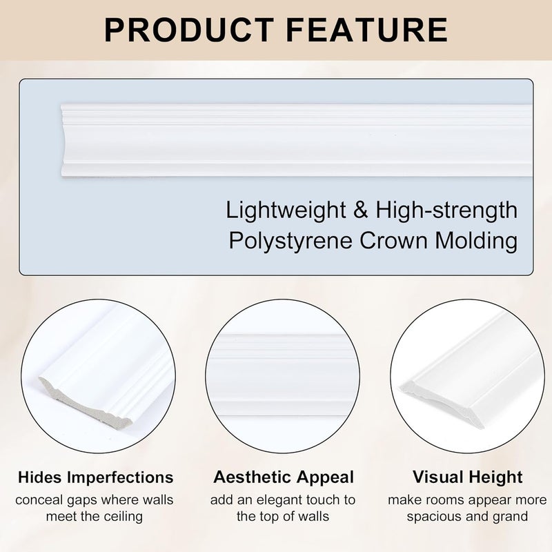 Hungbak 6 Pack Ceiling Crown Molding Trim for Home Decor, 56.7" Long x 3.6" Face - Image 4